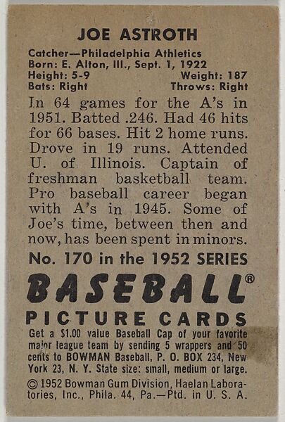 Issued by Bowman Gum Company - Joe Astroth, Catcher, Philadelphia ...