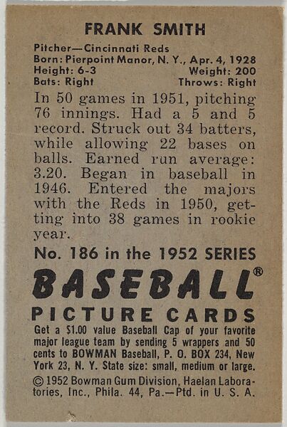 Frank Smith, Pitcher, Cincinnati Reds, from Picture Cards, series 6 (R406-6) issued by Bowman Gum, Issued by Bowman Gum Company, Commercial color lithograph
