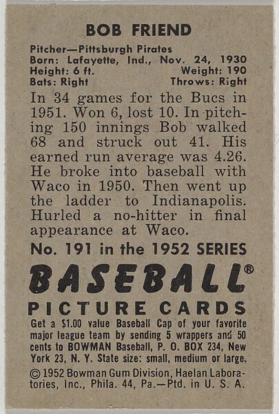 Bob Friend, Pitcher, Pittsburgh Pirates, from Picture Cards, series 6 (R406-6) issued by Bowman Gum, Issued by Bowman Gum Company, Commercial color lithograph