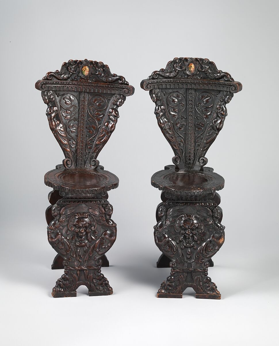 Sgabello (one of a pair), Carved and painted walnut, Italian, Florence