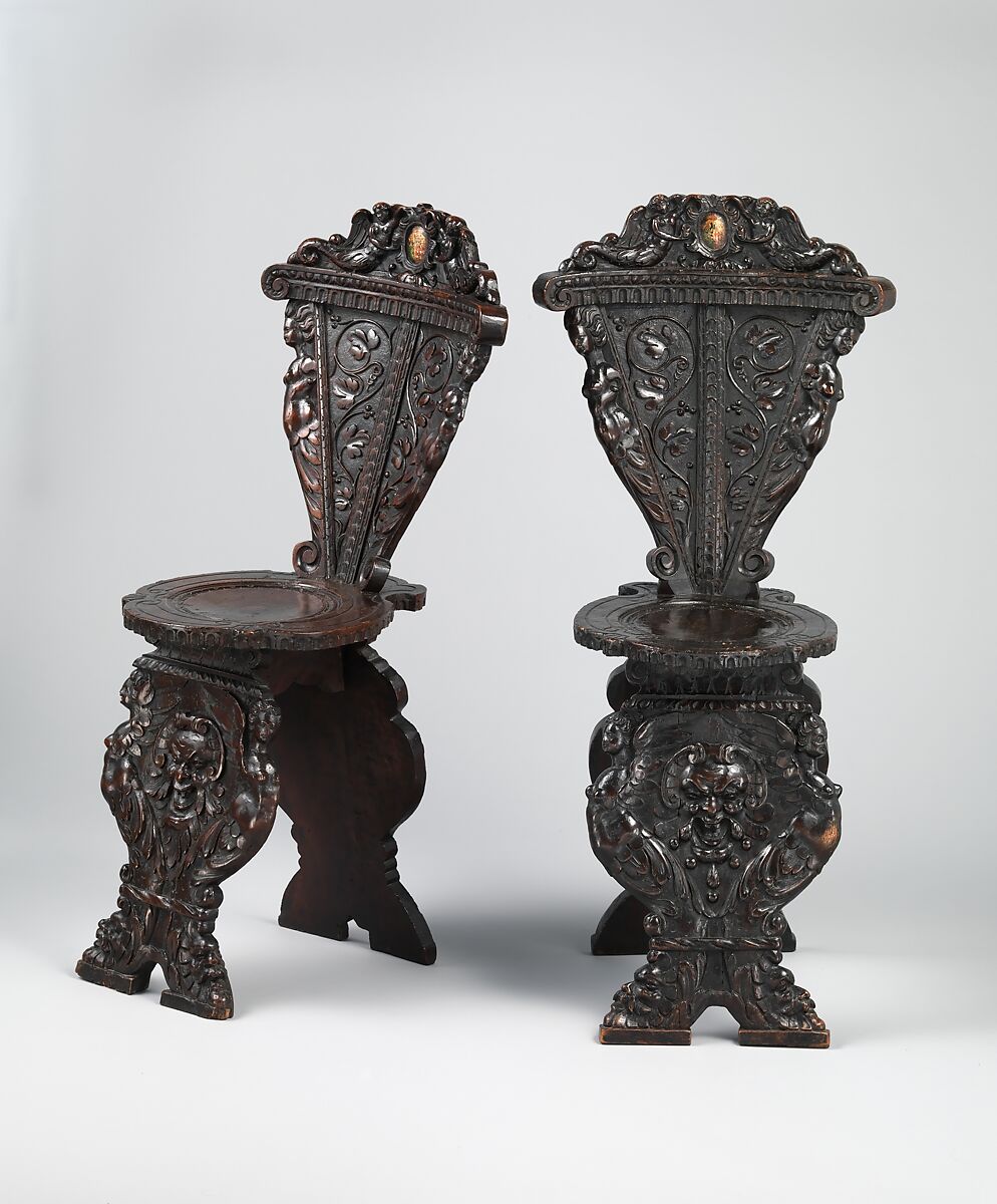 Sgabello (one of a pair), Carved and painted walnut, Italian, Florence 