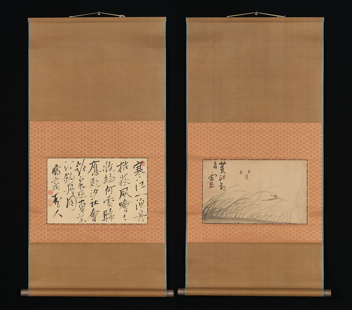 Fishing Boat on Reed Covered Bank and Calligraphy, Ike Taiga (Japanese, 1723–1776), Album leaves mounted as hanging scrolls; ink on paper, Japan 