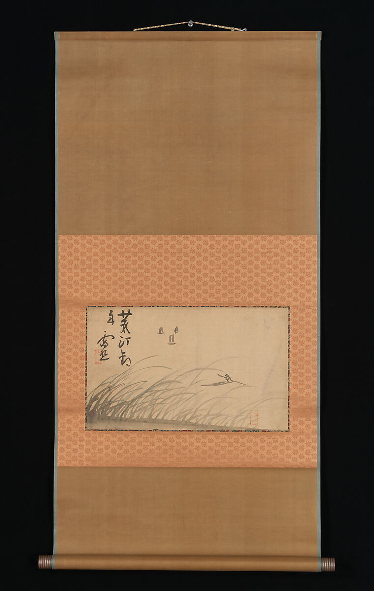 Fishing Boat on Reed Covered Bank and Calligraphy, Ike no Taiga (Japanese, 1723–1776), Album leaves mounted as hanging scrolls; ink on paper, Japan