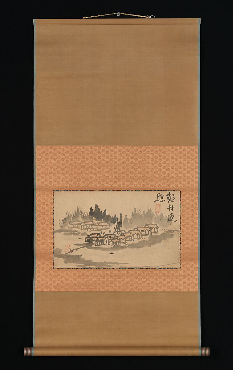 Evening Glow in a Mountain Village and Calligraphy, Ike no Taiga (Japanese, 1723–1776), Album leaves mounted as hanging scrolls; ink on paper, Japan