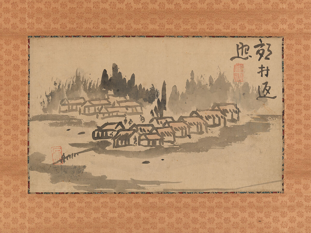 Evening Glow in a Mountain Village and Calligraphy, Ike no Taiga (Japanese, 1723–1776), Album leaves mounted as hanging scrolls; ink on paper, Japan