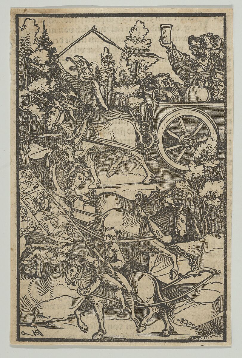 The Drunken Man on a Chariot on his Way to Hell, from Hymmelwagen auff dem, wer wol lebt..., Hans Schäufelein (German, Nuremberg ca. 1480–ca. 1540 Nördlingen), Woodcut 