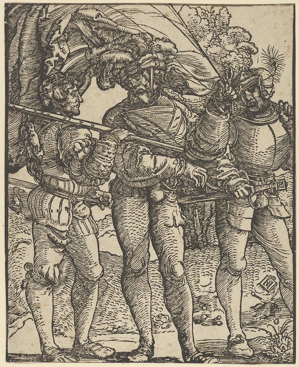 A Standard-Bearer Flanked by a Lansquenet at each side (copy), Hans Schäufelein (German, Nuremberg ca. 1480–ca. 1540 Nördlingen), Woodcut (copy) 