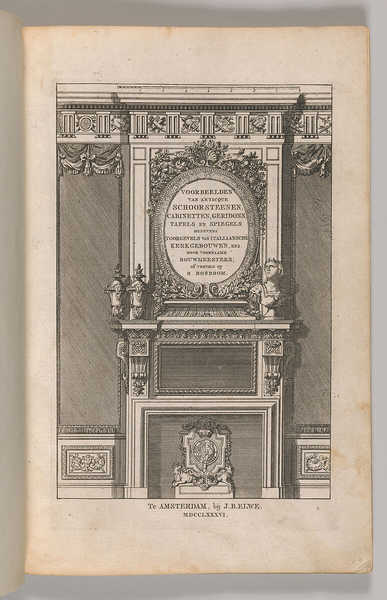 Miscellany of 17th-century Ornament Print Series: Examples of Antique Chimneypieces, Cabinets, Gueridons, Tables and Mirrors, in addition to Italian Church Facades, by illustrious architects, or a sequel to S. Bosboom, Jan Barend Elwe (Dutch, active Amsterdam, 1777–1815), Etching and engraving 