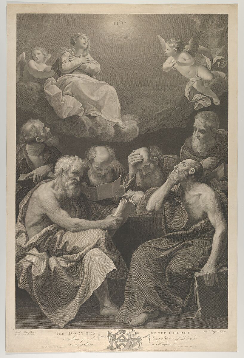 The doctors of the church consulting books and documents and contemplating the Virgin who is shown above in heaven, flanked by angels, after Reni, William Sharp (British, London 1749–1824 London), Engraving 