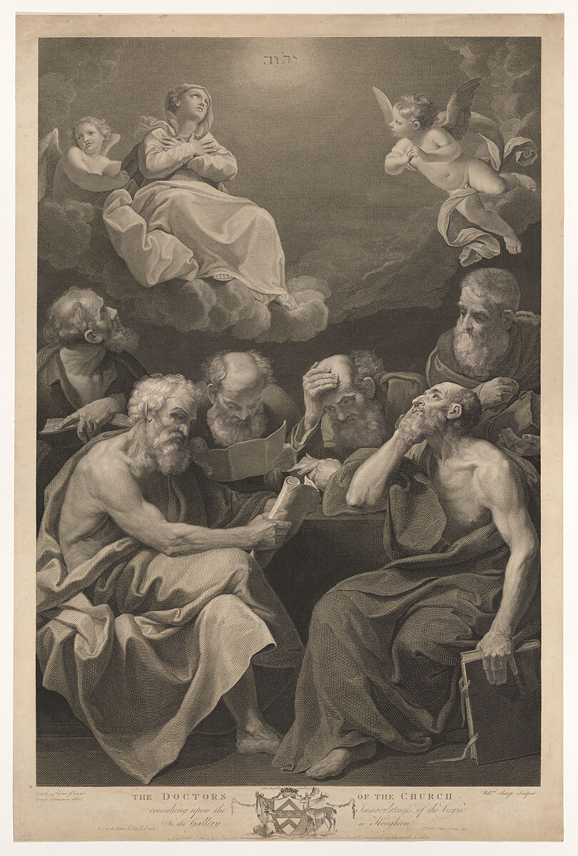 The doctors of the church consulting books and documents and contemplating the Virgin who is shown above in heaven, flanked by angels, after Reni, William Sharp (British, London 1749–1824 London), Engraving