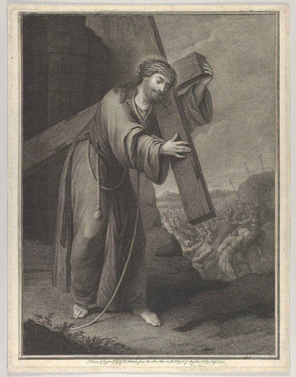 Christ carrying the cross, at right the two thieves on the road to Calvary, two crosses in the background, after Reni (?), John Keyse Sherwin (British, East Dean, Sussex 1751–1790 London), Engraving and etching 