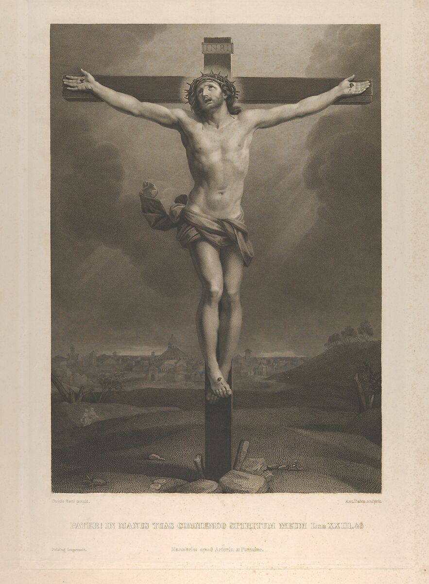 Christ on the cross, a town in the background, after Reni, Antonio Dalco (Italian, 1802–1888), Engraving 