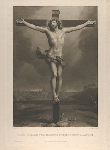 Christ on the cross, a town in the background, after Reni