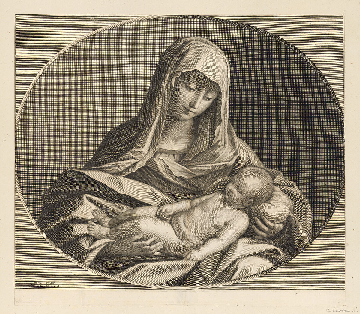 The Virgin holding the sleeping infant Christ on her lap, after Reni, Anonymous, Engraving
