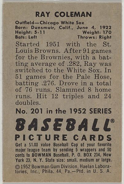 Ray Coleman, Outfield, Chicago White Sox, from Picture Cards, series 6 (R406-6) issued by Bowman Gum, Issued by Bowman Gum Company, Commercial color lithograph