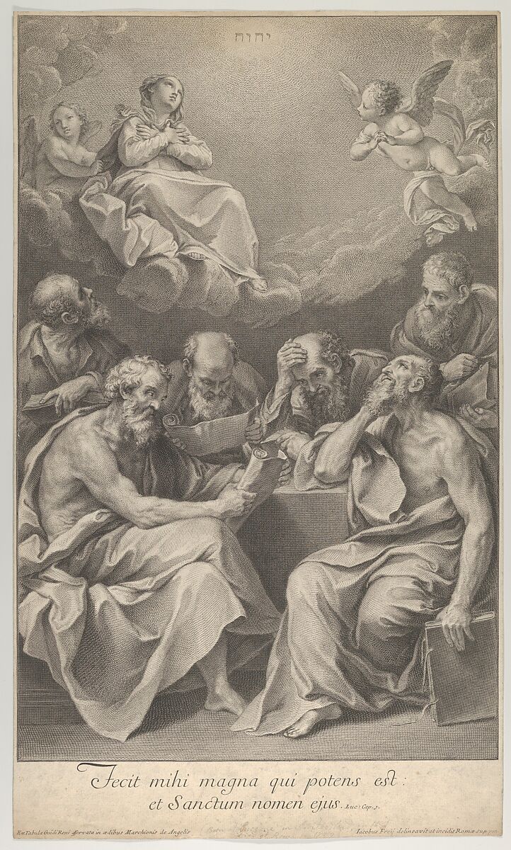 The doctors of the church consulting books and documents and contemplating the Virgin who is shown above in heaven, flanked by angels, after Reni, Johann Jakob Frey the Elder (Swiss, active in Rome 1681–1752), Engraving 