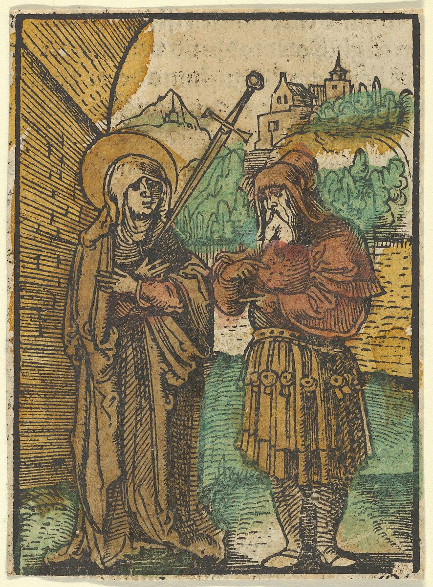 The Virgin as Master Dolorosa and Simeon, from Das Plenarium, Hans Schäufelein (German, Nuremberg ca. 1480–ca. 1540 Nördlingen), Woodcut (hand-colored) 