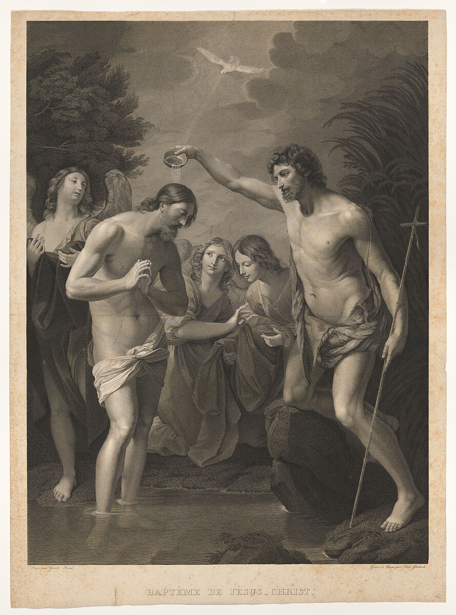 The Baptism of Christ; Saint John the Baptist at right and Christ at left with his hands held together, the Holy Dove above, angels in the background, after Reni, Paul Gleditsch (Austrian, Vienna 1793–1872 Vienna), Engraving