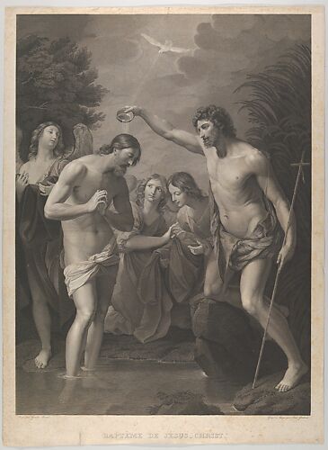 The Baptism of Christ; Saint John the Baptist at right and Christ at left with his hands held together, the Holy Dove above, angels in the background, after Reni