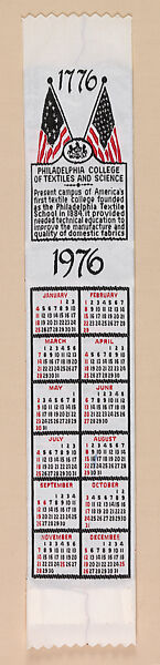 Bicentennial ribbon calendar, American Silk Label Manufacturing Company (1875–ca. 1990), Silk, woven, American 