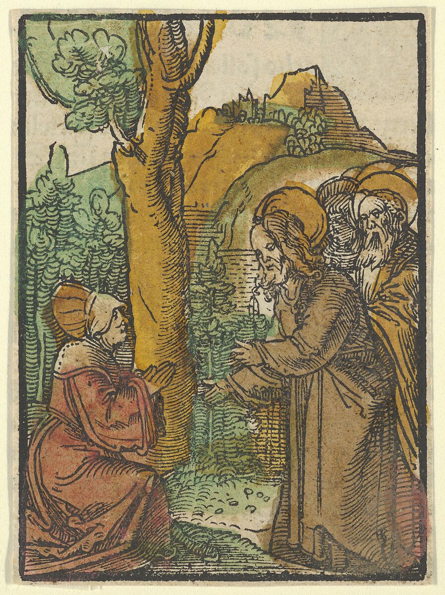 Christ and the Woman of Canaan, from Das Plenarium, Hans Schäufelein (German, Nuremberg ca. 1480–ca. 1540 Nördlingen), Woodcut (hand-colored) 