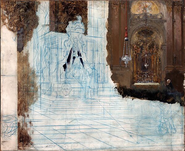 Altar in a Baroque Church, Adolph Menzel (German, Breslau 1815–1905 Berlin), Oil and blue pencil on oak wood 