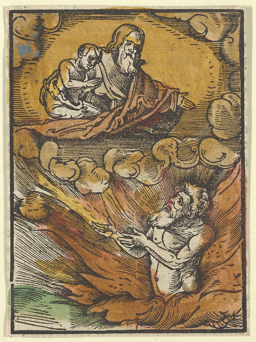 The Rich Man in Hell and the Poor Lazarus in Abraham's Lap, from Das Plenarium, Hans Schäufelein (German, Nuremberg ca. 1480–ca. 1540 Nördlingen), Woodcut (hand-colored) 