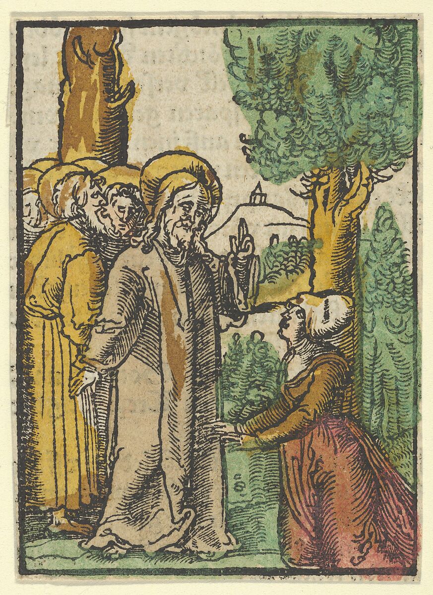 Christ and the Woman Issuing Blood, from Das Plenarium, Hans Schäufelein (German, Nuremberg ca. 1480–ca. 1540 Nördlingen), Woodcut (hand-colored) 