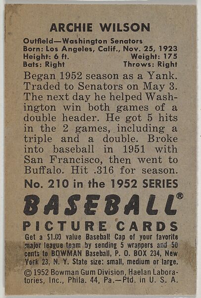 Archie Wilson, Outfield, Washington Senators, from Picture Cards, series 6 (R406-6) issued by Bowman Gum, Issued by Bowman Gum Company, Commercial color lithograph