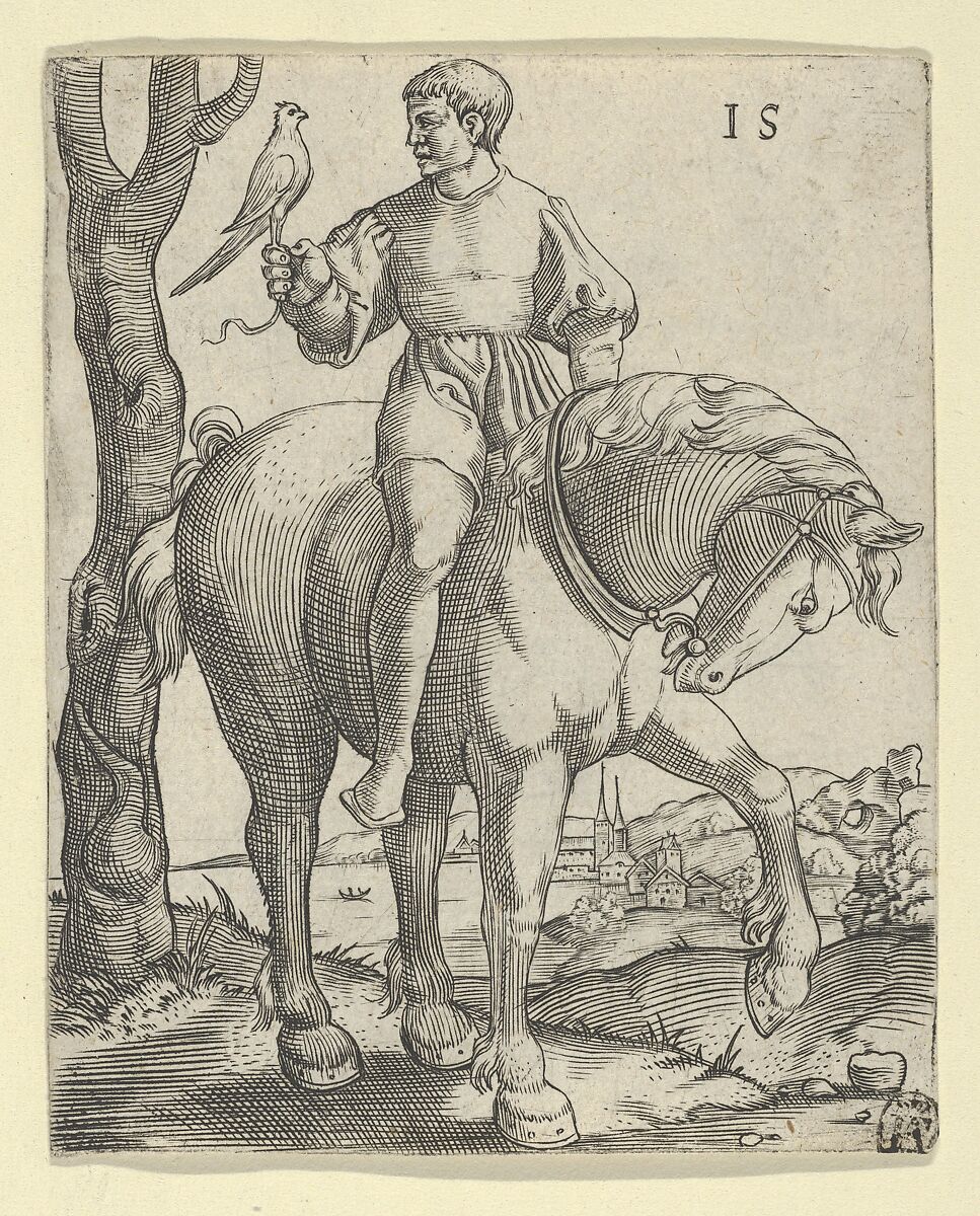 Man on Horseback holding a Falcon, Master IS (German, active ca. 1525–50), Engraving 