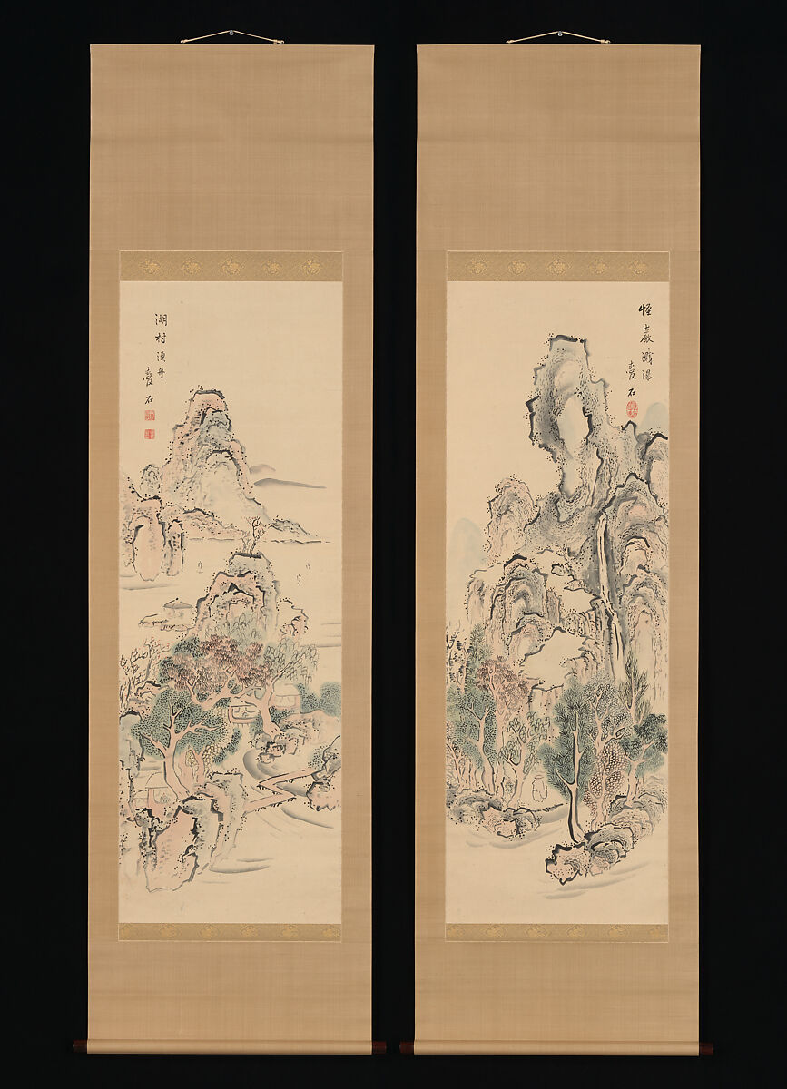 Fantastic Rocks with Cascading Waterfall; Fishing Boats by a Lake Hamlet, Aiseki (Japanese, active first half of the 19th century), Pair of hanging scrolls; ink and color on paper, Japan 