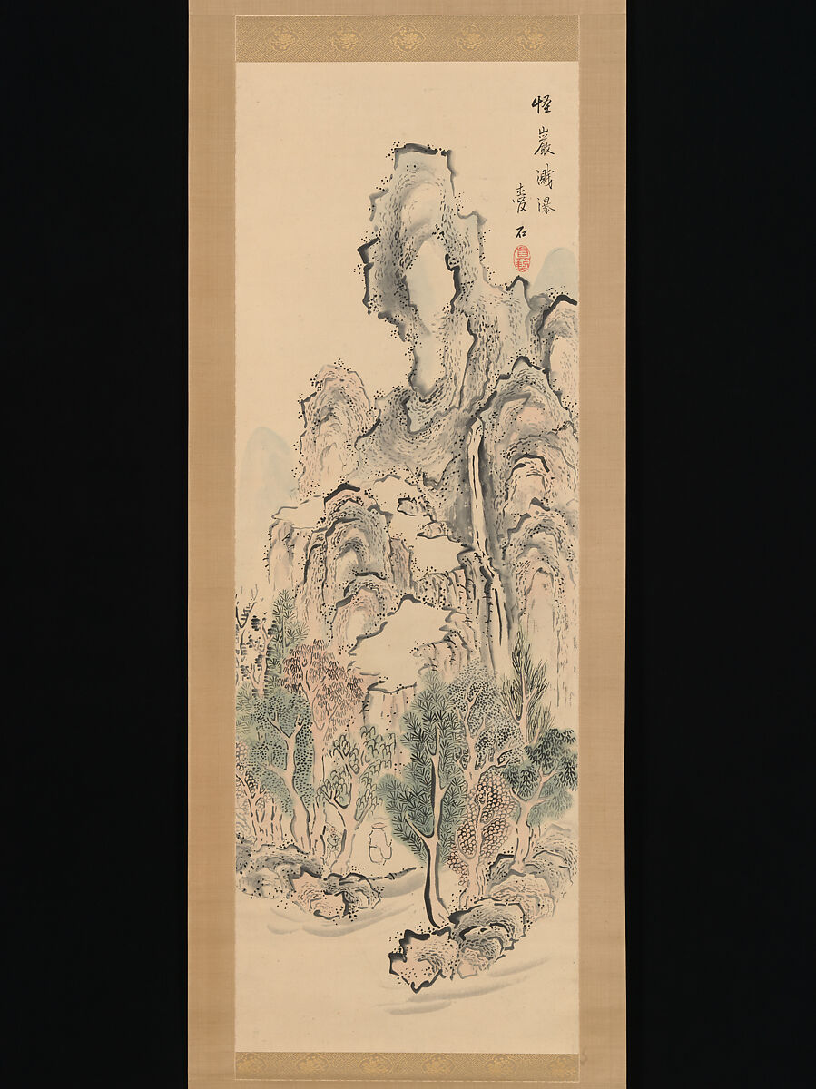 Fantastic Rocks with Cascading Waterfall; Fishing Boats by a Lake Hamlet, Aiseki (Japanese, active first half of the 19th century), Pair of hanging scrolls; ink and color on paper, Japan