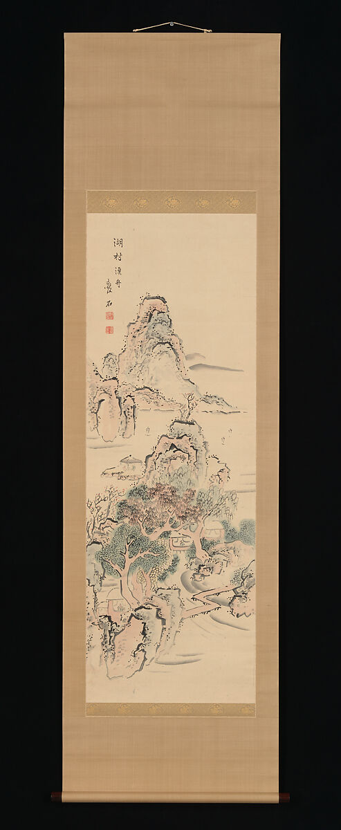 Fantastic Rocks with Cascading Waterfall; Fishing Boats by a Lake Hamlet, Aiseki (Japanese, active first half of the 19th century), Pair of hanging scrolls; ink and color on paper, Japan
