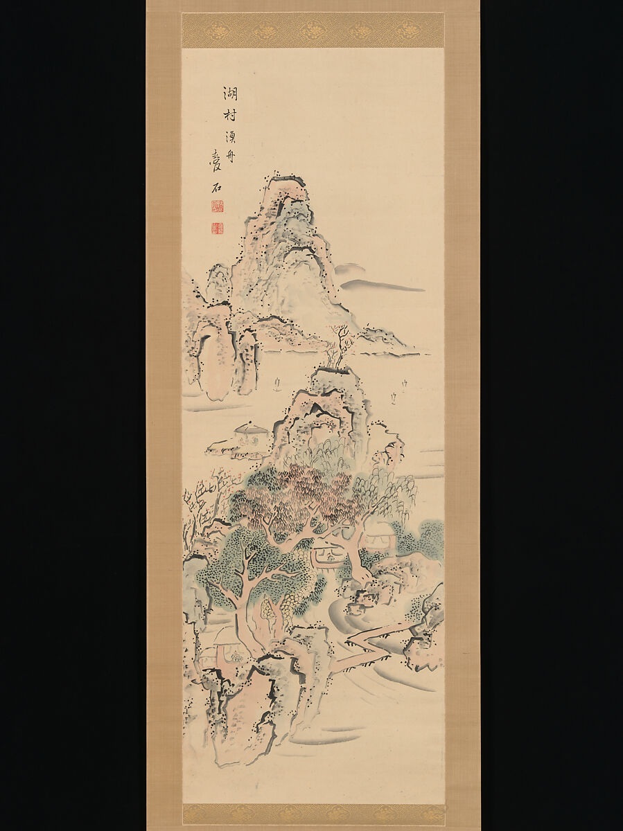 Fantastic Rocks with Cascading Waterfall; Fishing Boats by a Lake Hamlet, Aiseki (Japanese, active first half of the 19th century), Pair of hanging scrolls; ink and color on paper, Japan