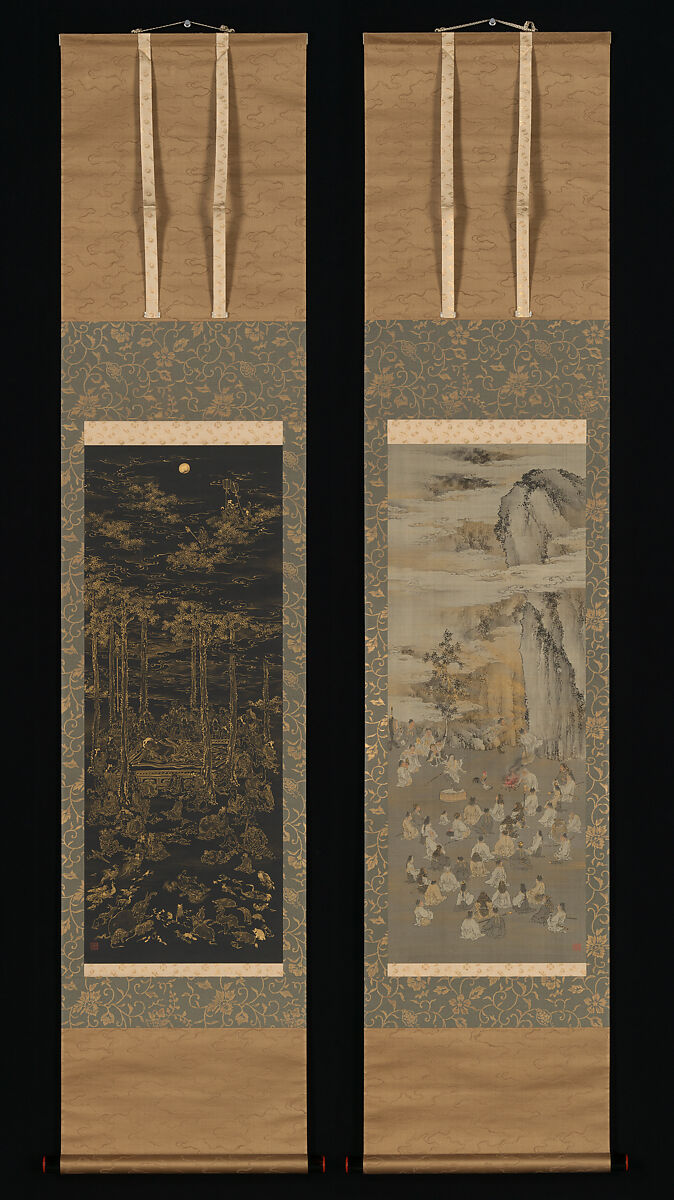 Luring the Sun Goddess Amaterasu Out of a Cave; Death of the Historical Buddha (Nehan-zu), Kōno Bairei 幸野楳嶺 (Japanese, 1844–1895), Pair of hanging scrolls; ink, color, and gold on silk, Japan 