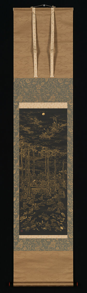 Luring the Sun Goddess Amaterasu Out of a Cave with Music; Death of the Historical Buddha, Kōno Bairei (Japanese, 1844–1895), Pair of hanging scrolls; ink, color, and gold on silk, Japan