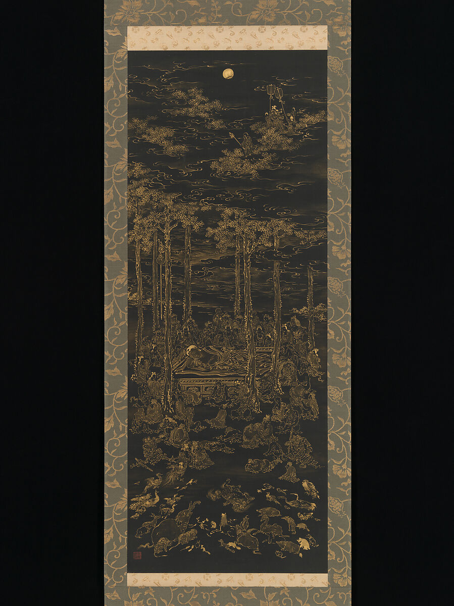 Luring the Sun Goddess Amaterasu Out of a Cave with Music; Death of the Historical Buddha, Kōno Bairei (Japanese, 1844–1895), Pair of hanging scrolls; ink, color, and gold on silk, Japan