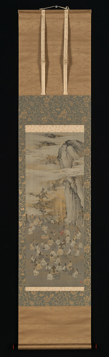 Luring the Sun Goddess Amaterasu Out of a Cave with Music; Death of the Historical Buddha, Kōno Bairei (Japanese, 1844–1895), Pair of hanging scrolls; ink, color, and gold on silk, Japan