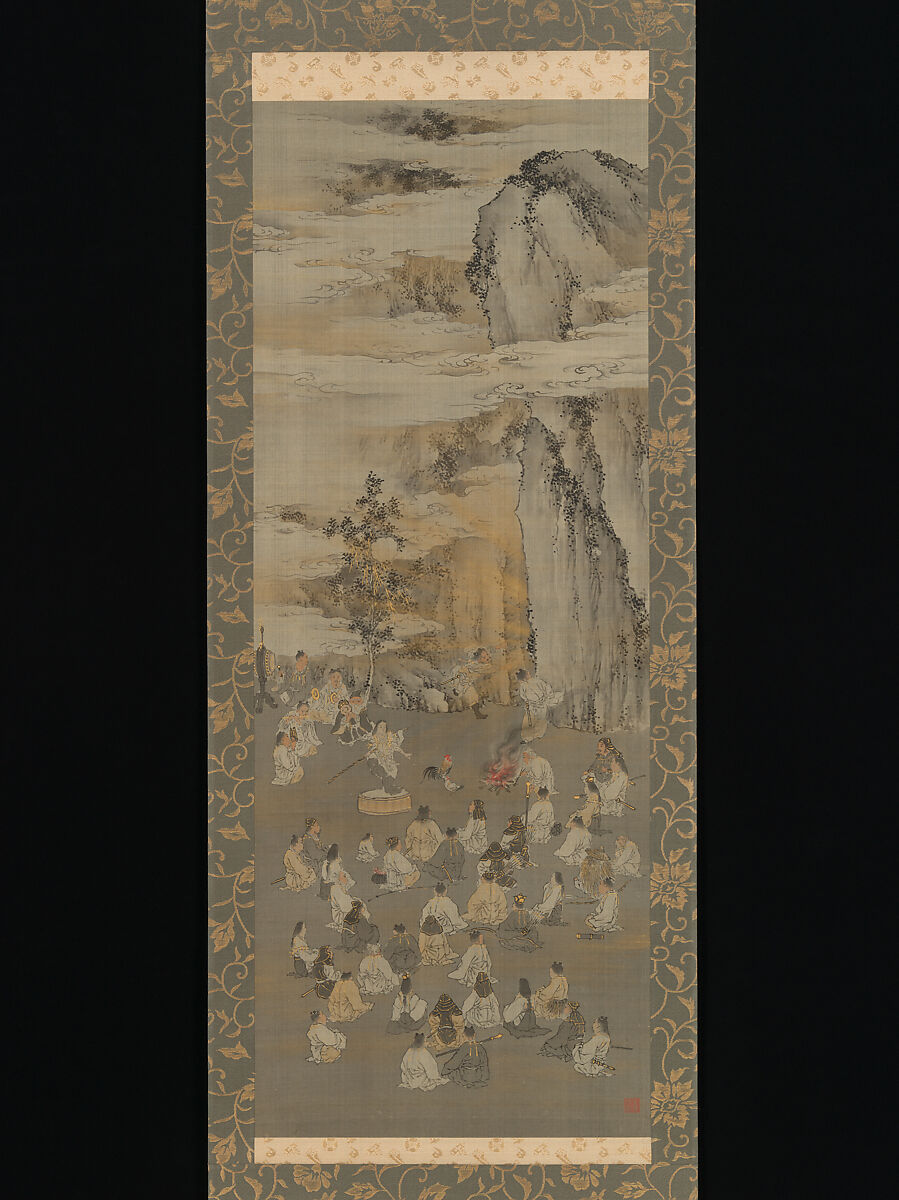 Luring the Sun Goddess Amaterasu Out of a Cave with Music; Death of the Historical Buddha, Kōno Bairei (Japanese, 1844–1895), Pair of hanging scrolls; ink, color, and gold on silk, Japan