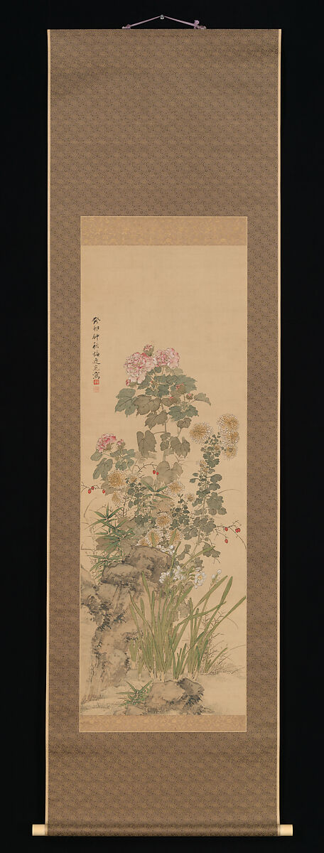 Flowers and Grasses of Autumn, Yamamoto Baiitsu 山本梅逸 (Japanese, 1783–1856), Hanging scroll; ink and color on silk, Japan