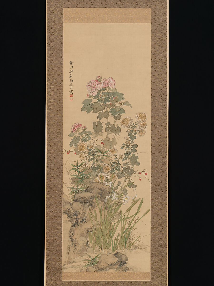 Flowers and Grasses of Autumn, Yamamoto Baiitsu 山本梅逸 (Japanese, 1783–1856), Hanging scroll; ink and color on silk, Japan 