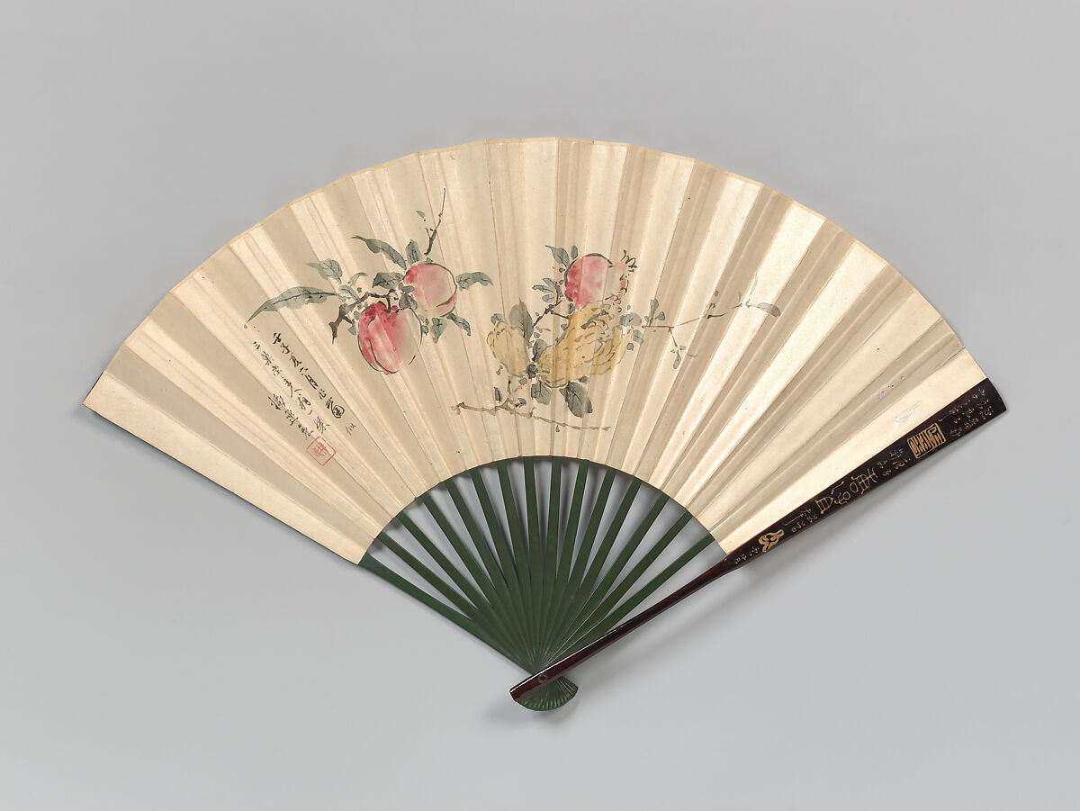 Peaches, Pomegranate, and Fingered Citron, Yamamoto Baiitsu (Japanese, 1783–1856), Folding fan; ink and color on paper, Japan 