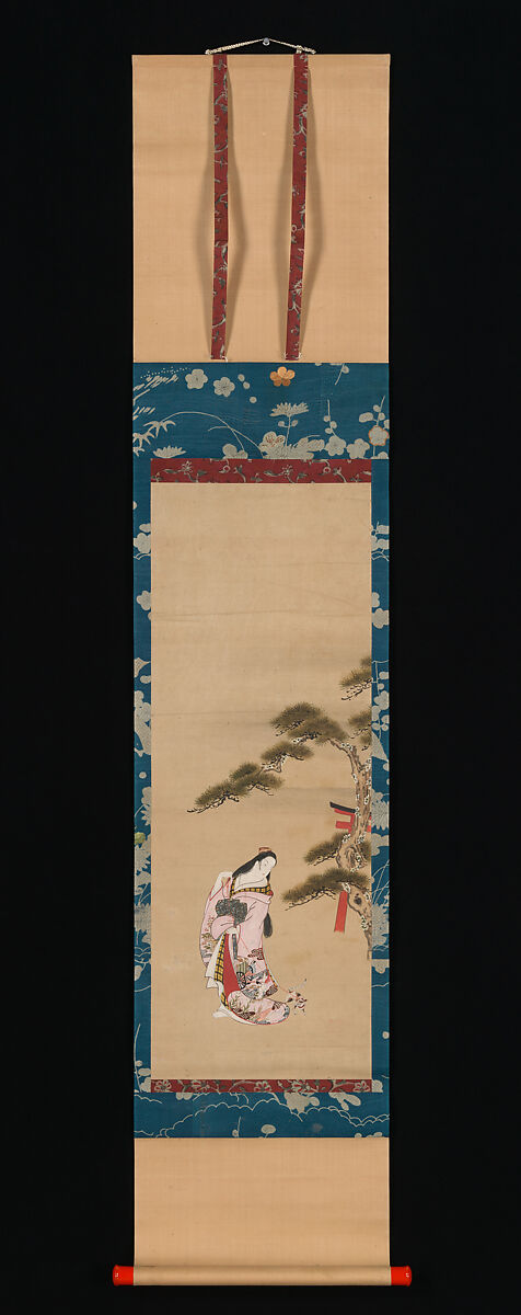 The Third Princess and a Cat, from the "New Herbs I" (Wakana I)
 chapter The Tale of Genji (Genji monogatari}, Attributed to Matsuno Chikanobu (Japanese, active early 18th century), Hanging scroll; ink and color on paper, Japan
