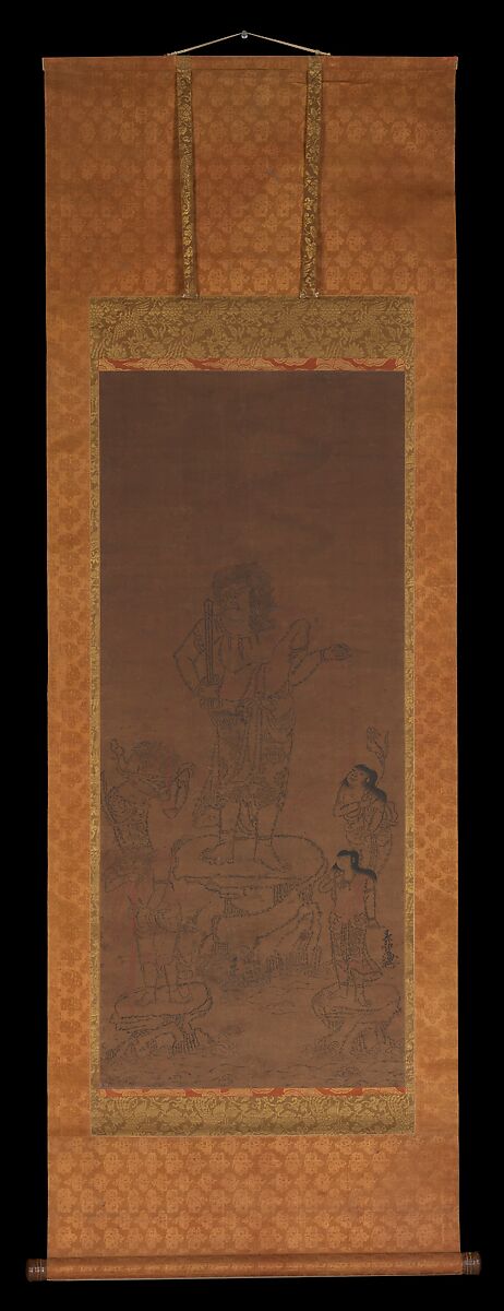 Fudō Myōō with Four Attendants, Outlined in Seed Syllables, Chikai 智海 (Japanese, ca. 1422–ca. 1503), Hanging scroll; ink and color on paper, Japan
