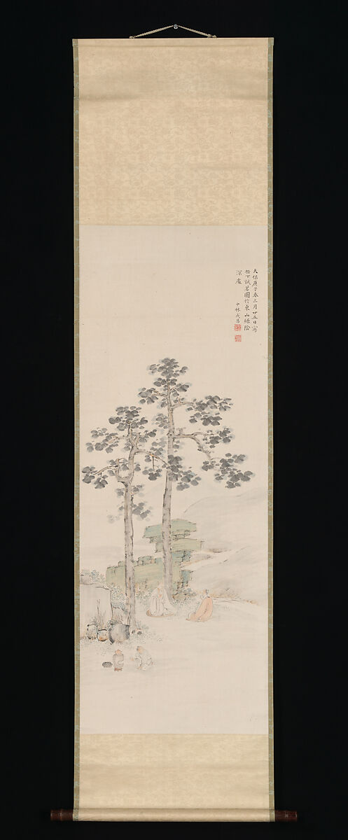 Sampling Tea beneath the Wu Trees, Nakabayashi Chikutō (Japanese, 1776–1853), Hanging scroll; ink and color on paper, Japan