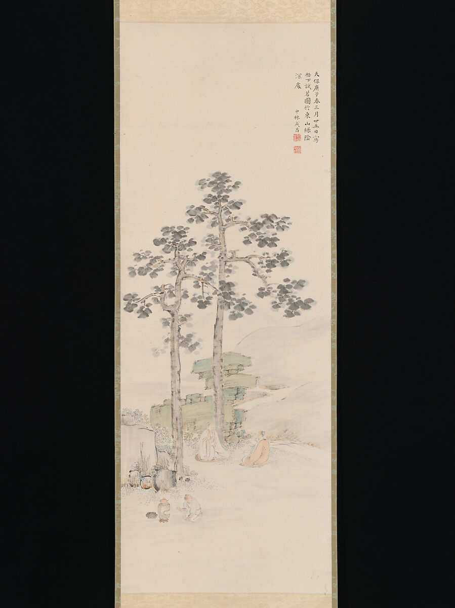 Sampling Tea beneath the Wu Trees, Nakabayashi Chikutō (Japanese, 1776–1853), Hanging scroll; ink and color on paper, Japan 