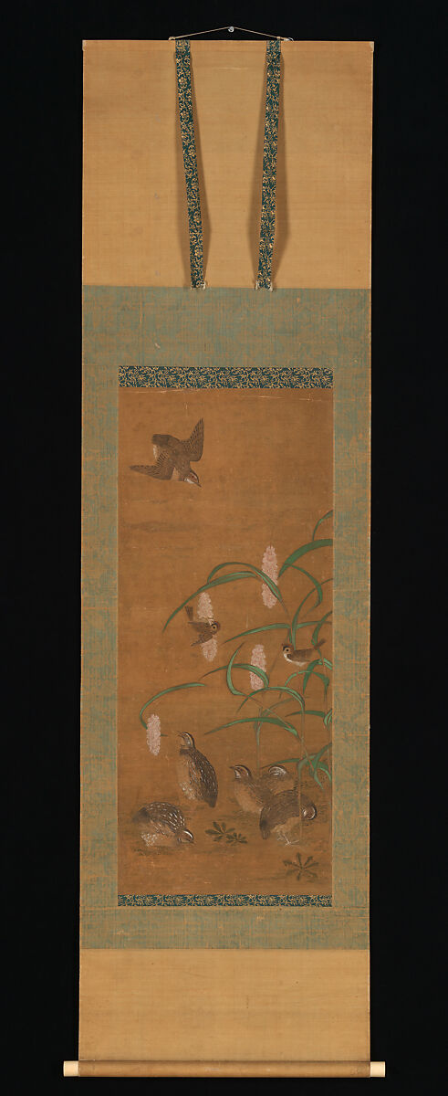 Quail, Sparrows, and Millet, Hanging scroll; ink and color on silk, Japan