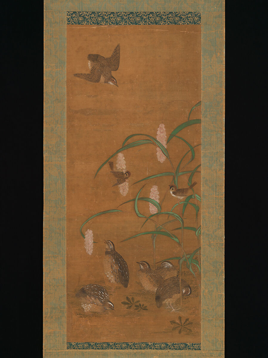 Quail, Sparrows, and Millet, Hanging scroll; ink and color on silk, Japan 