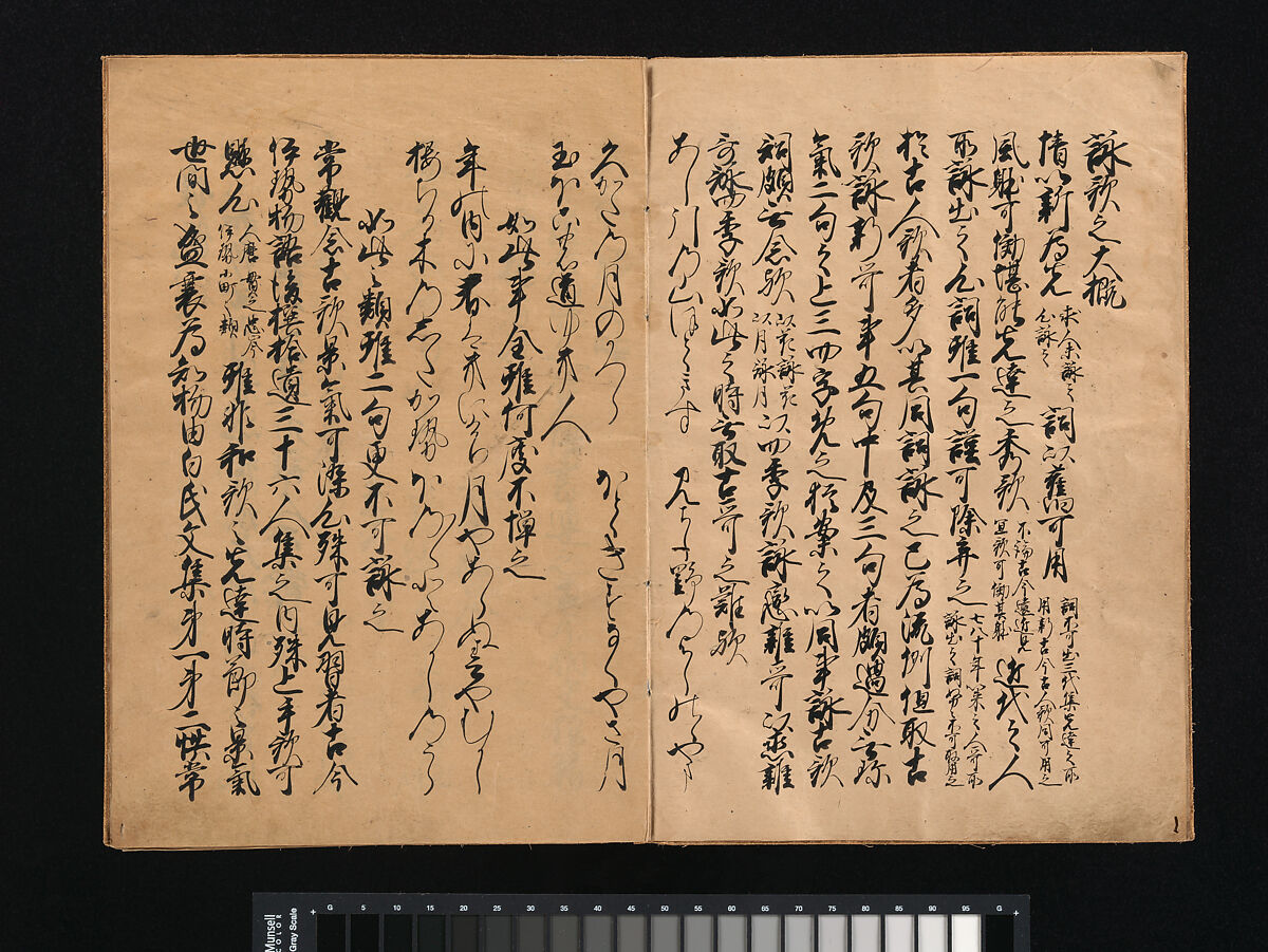 Manuscript Version of “Fundamentals of Poetic Composition” (Eiga taigai), compiled by Fujiwara no Teika (1162–1241), Konoe Taneie (Japanese, 1503–1566), Book of 102 waka by various poets; ink on paper, Japan