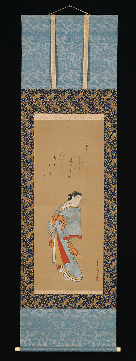 Standing Courtesan, Baiōken Eishun (Japanese, active early 18th century), Hanging scroll; ink and color on silk, Japan